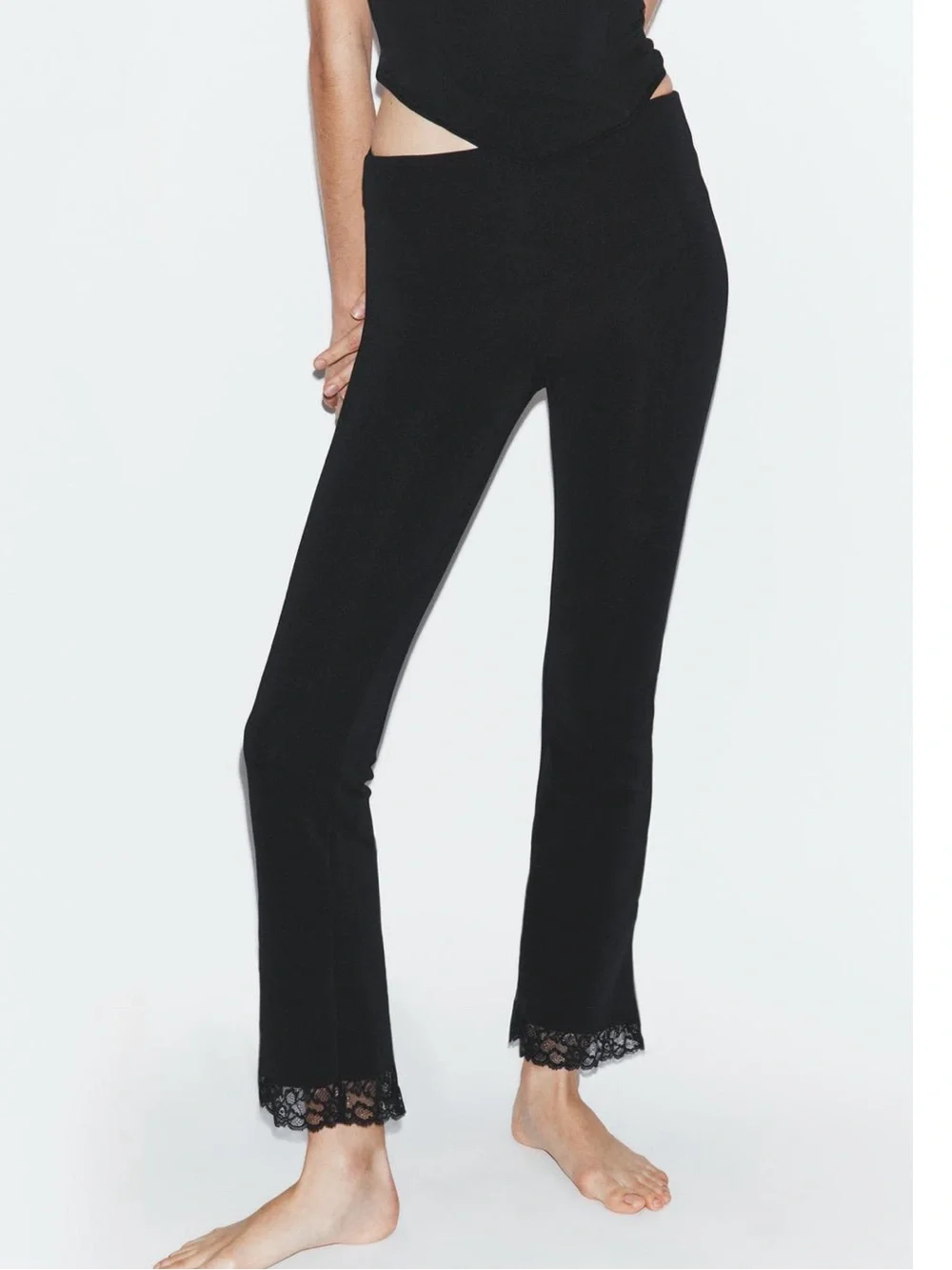 Zara NWT thick Black Lace Trim Hem stretchy legging Pants